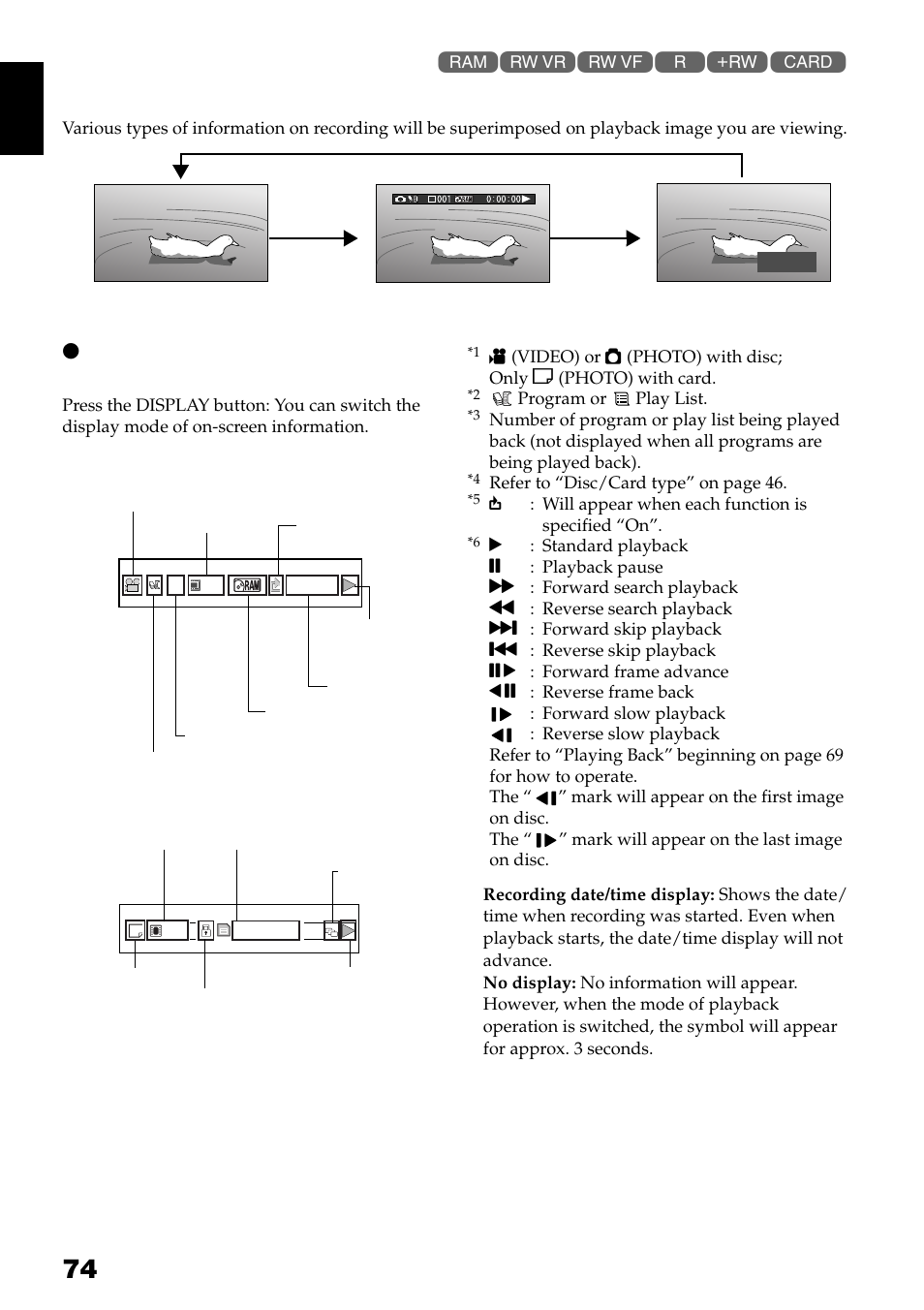 Information display during playback, Switching the information display mode | Hitachi DZ-GX3300A User Manual | Page 74 / 166