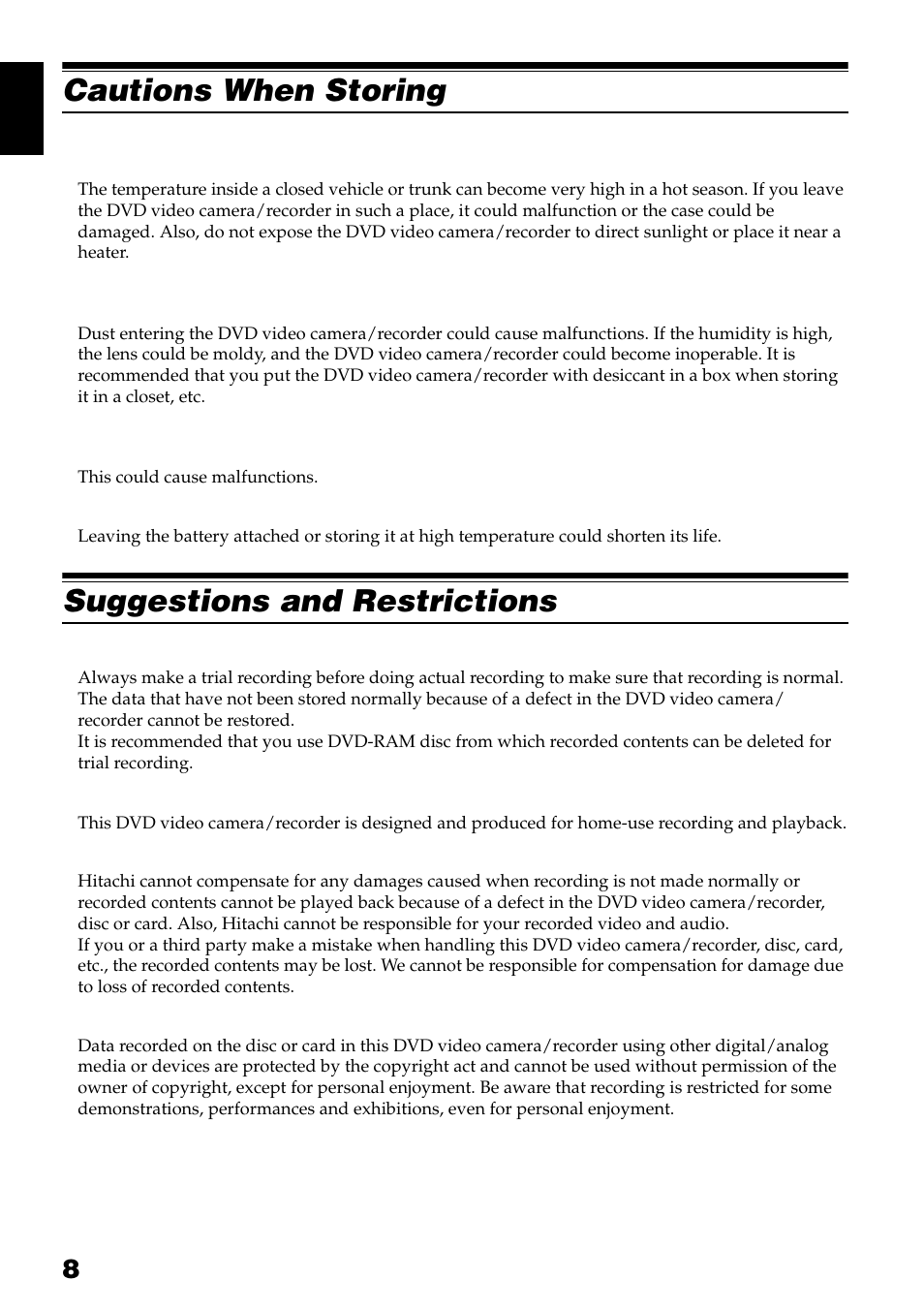 Cautions when storing, Suggestions and restrictions | Hitachi DZ-GX3300A User Manual | Page 8 / 166
