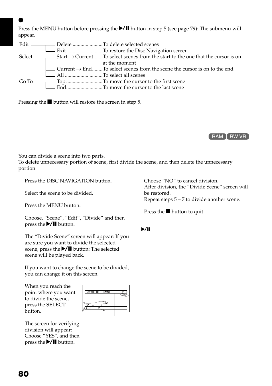 Editing using submenu, Dividing movies (edit – divide) | Hitachi DZ-GX3300A User Manual | Page 80 / 166