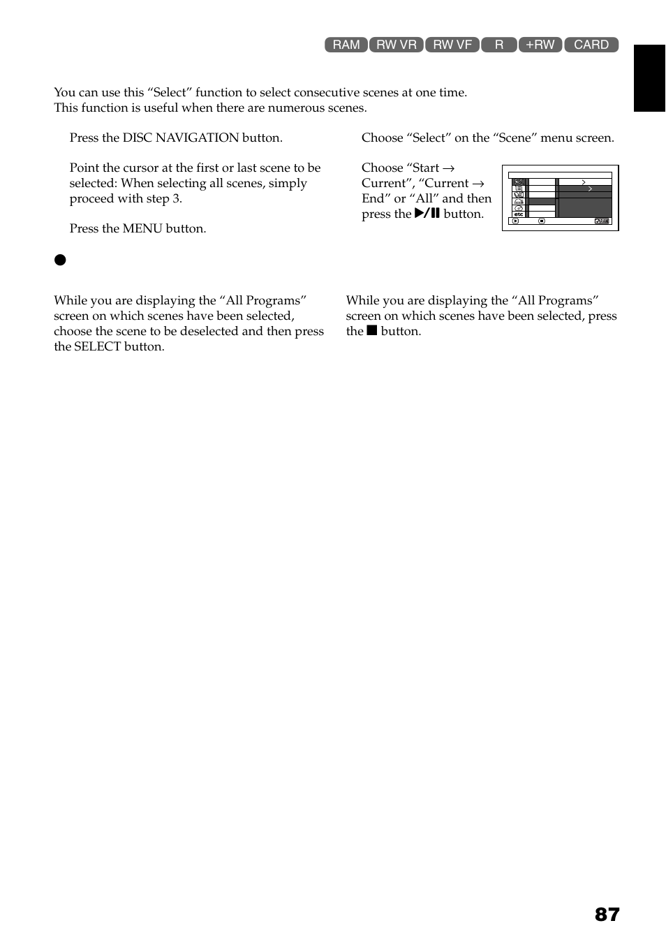 Selecting scenes using menu screen (select), Deselecting selected scenes | Hitachi DZ-GX3300A User Manual | Page 87 / 166