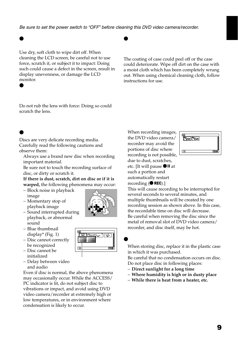 Cleaning, Cleaning lcd screen and camera lens, Handling discs ● using discs | Storing discs | Hitachi DZ-GX3300A User Manual | Page 9 / 166