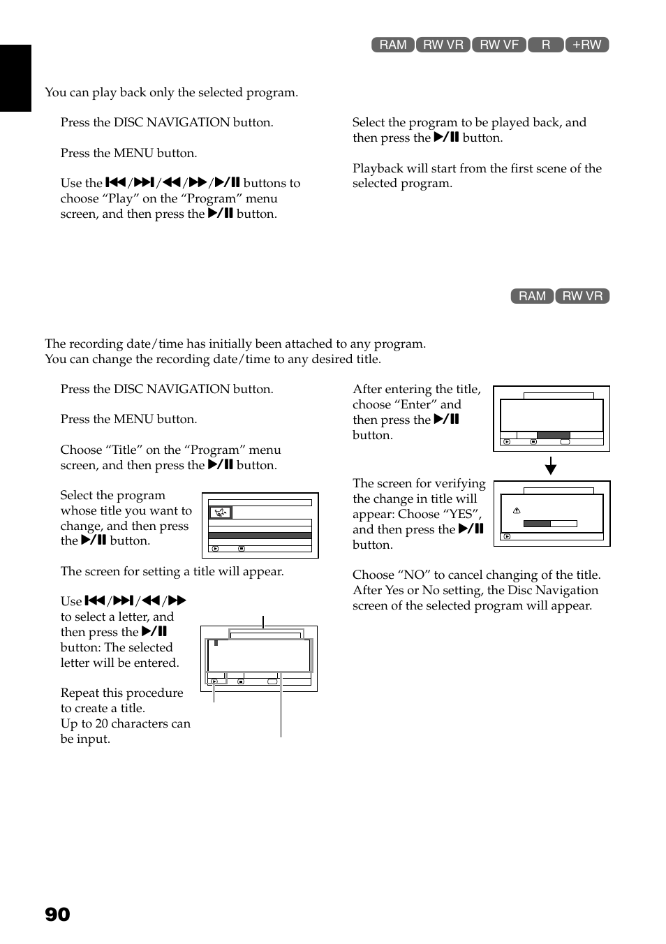 Playing back program (play), Changing title of program (title) | Hitachi DZ-GX3300A User Manual | Page 90 / 166