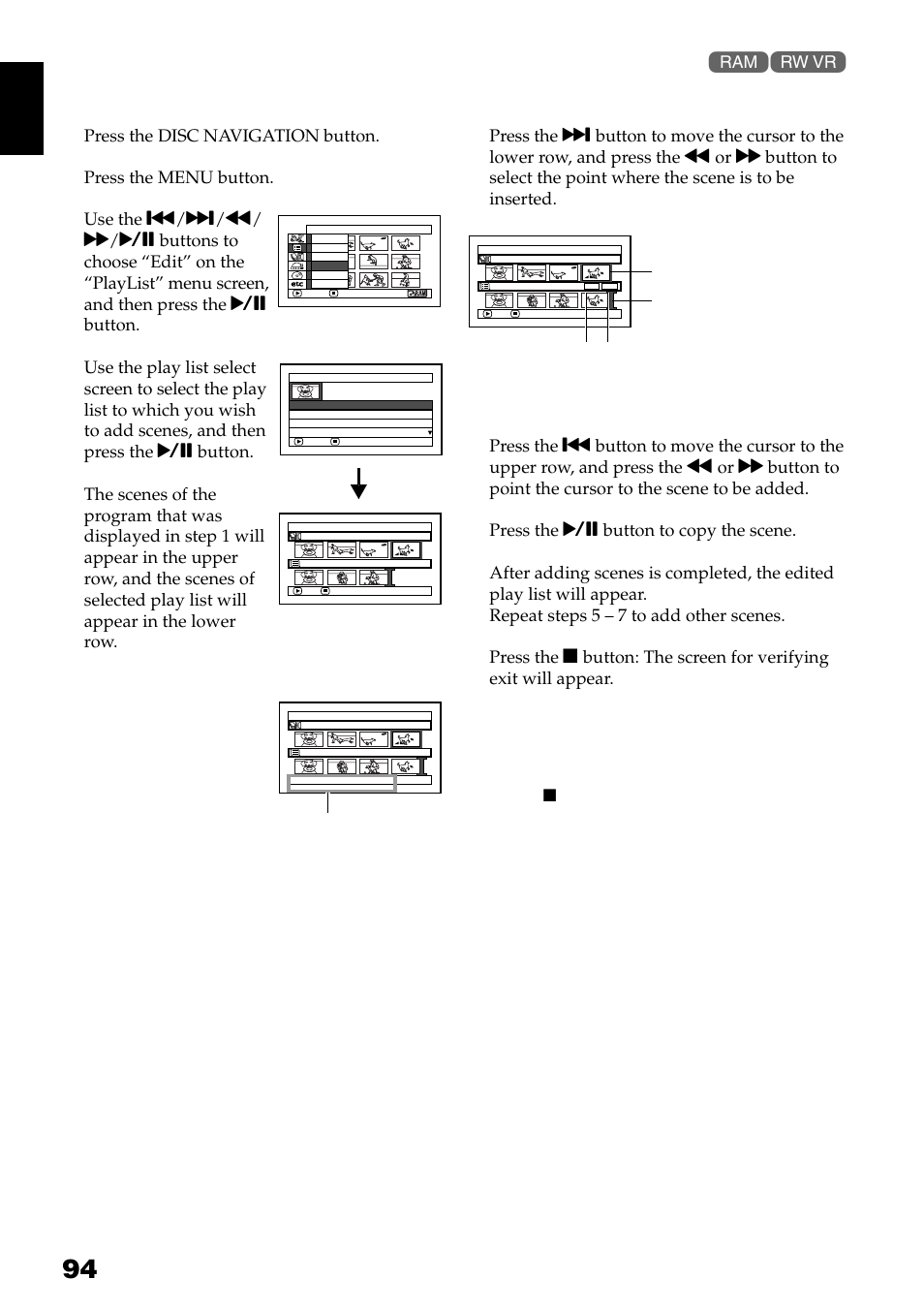 Adding scenes to play list (editing play list), English, Press the disc navigation button | Press the menu button | Hitachi DZ-GX3300A User Manual | Page 94 / 166