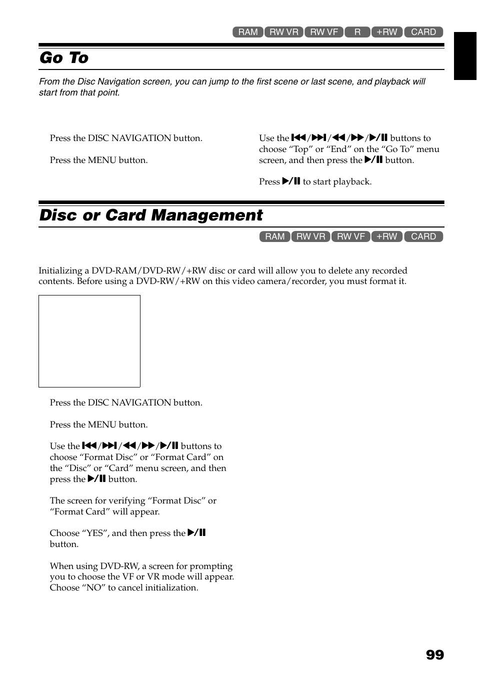 Go to, Disc or card management | Hitachi DZ-GX3300A User Manual | Page 99 / 166