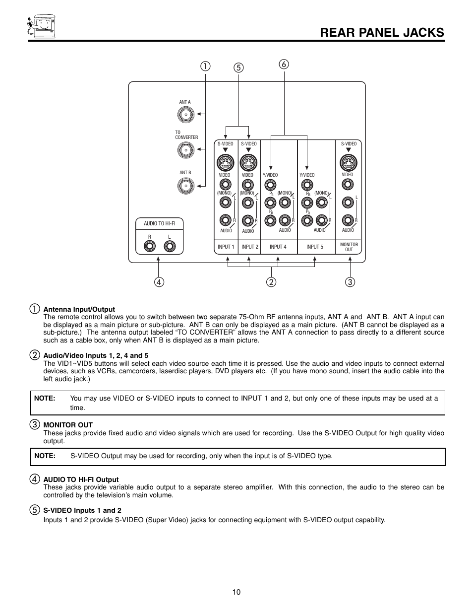 Rear panel jacks, ባቤ ቦ | Hitachi 43FDX15B User Manual | Page 10 / 68