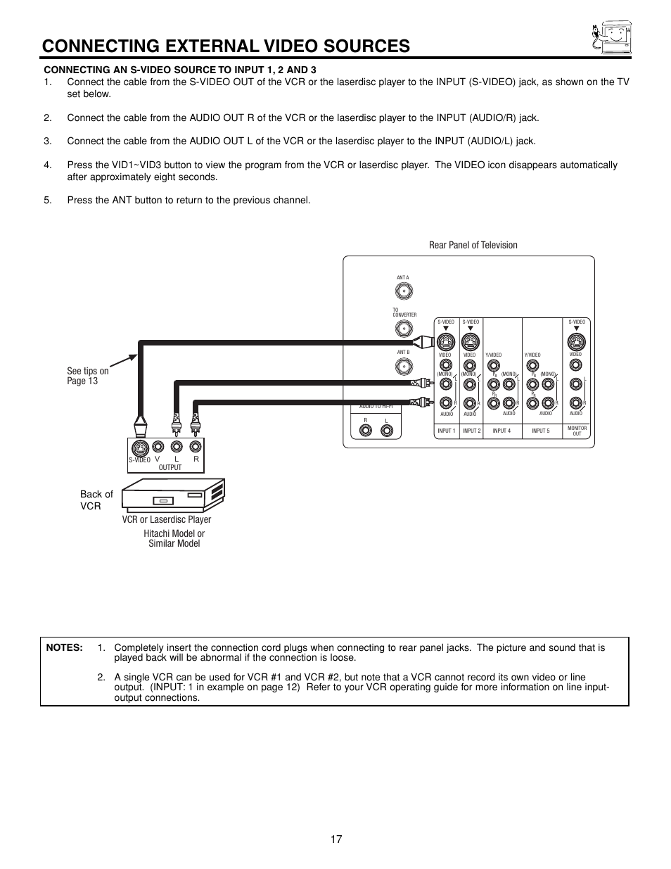 Connecting external video sources | Hitachi 43FDX15B User Manual | Page 17 / 68