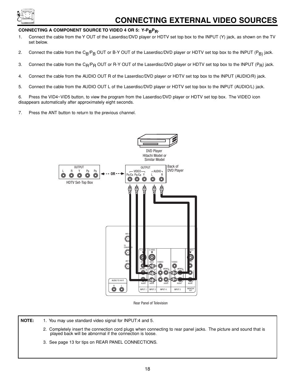 Connecting external video sources | Hitachi 43FDX15B User Manual | Page 18 / 68