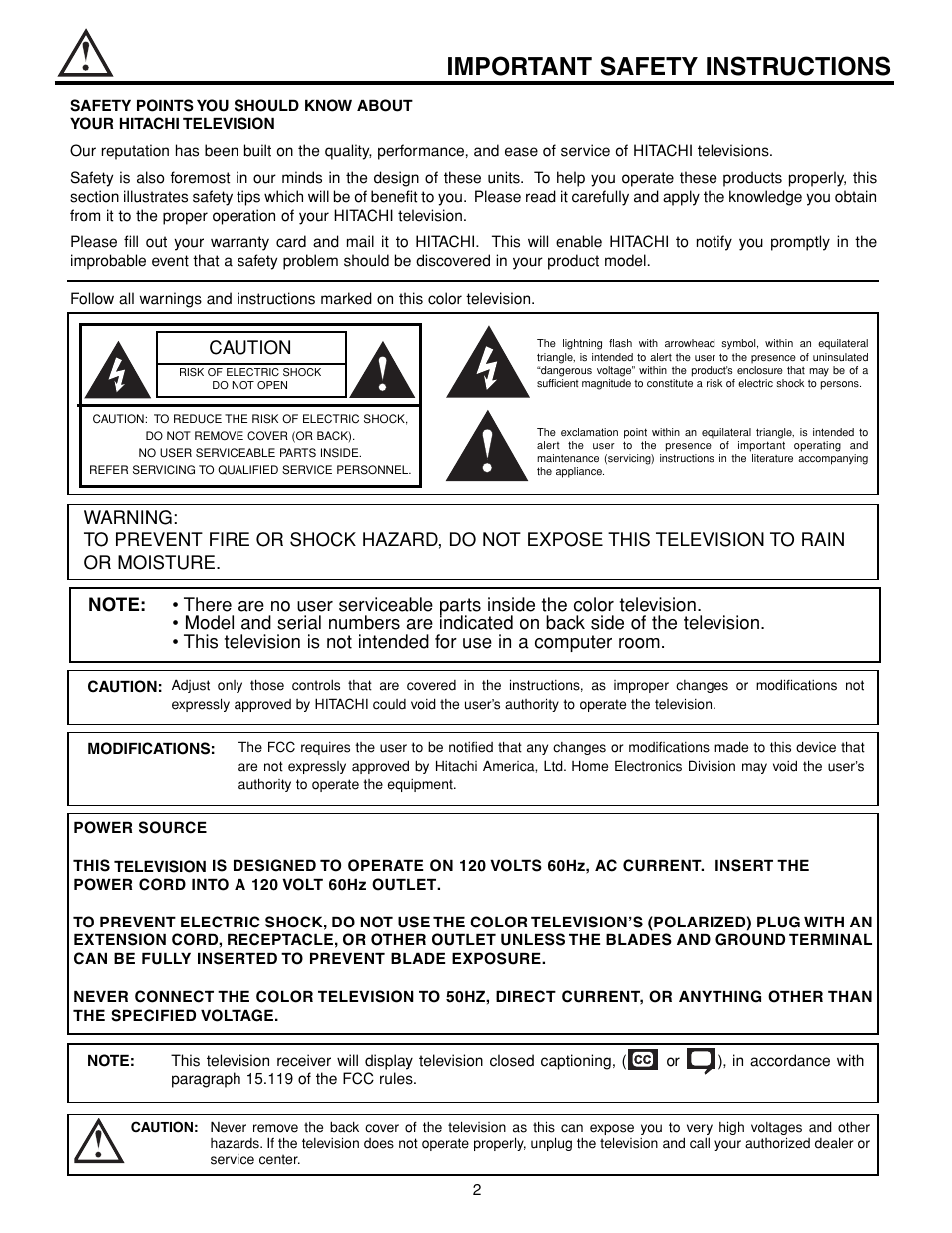 Important safety instructions, Caution | Hitachi 43FDX15B User Manual | Page 2 / 68