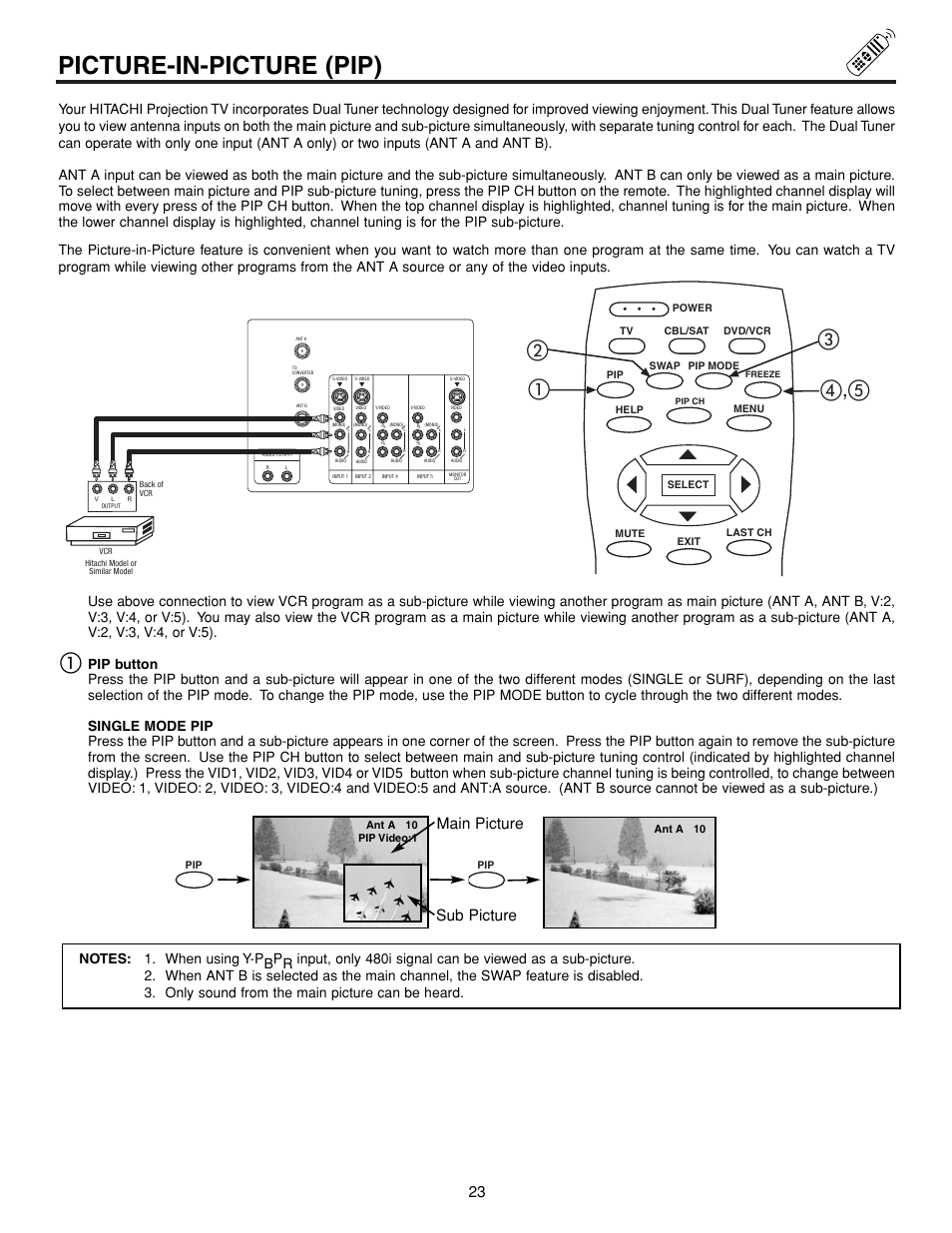 Picture-in-picture (pip), ቢባ ቤ ብ,ቦ, Main picture sub picture | Hitachi 43FDX15B User Manual | Page 23 / 68