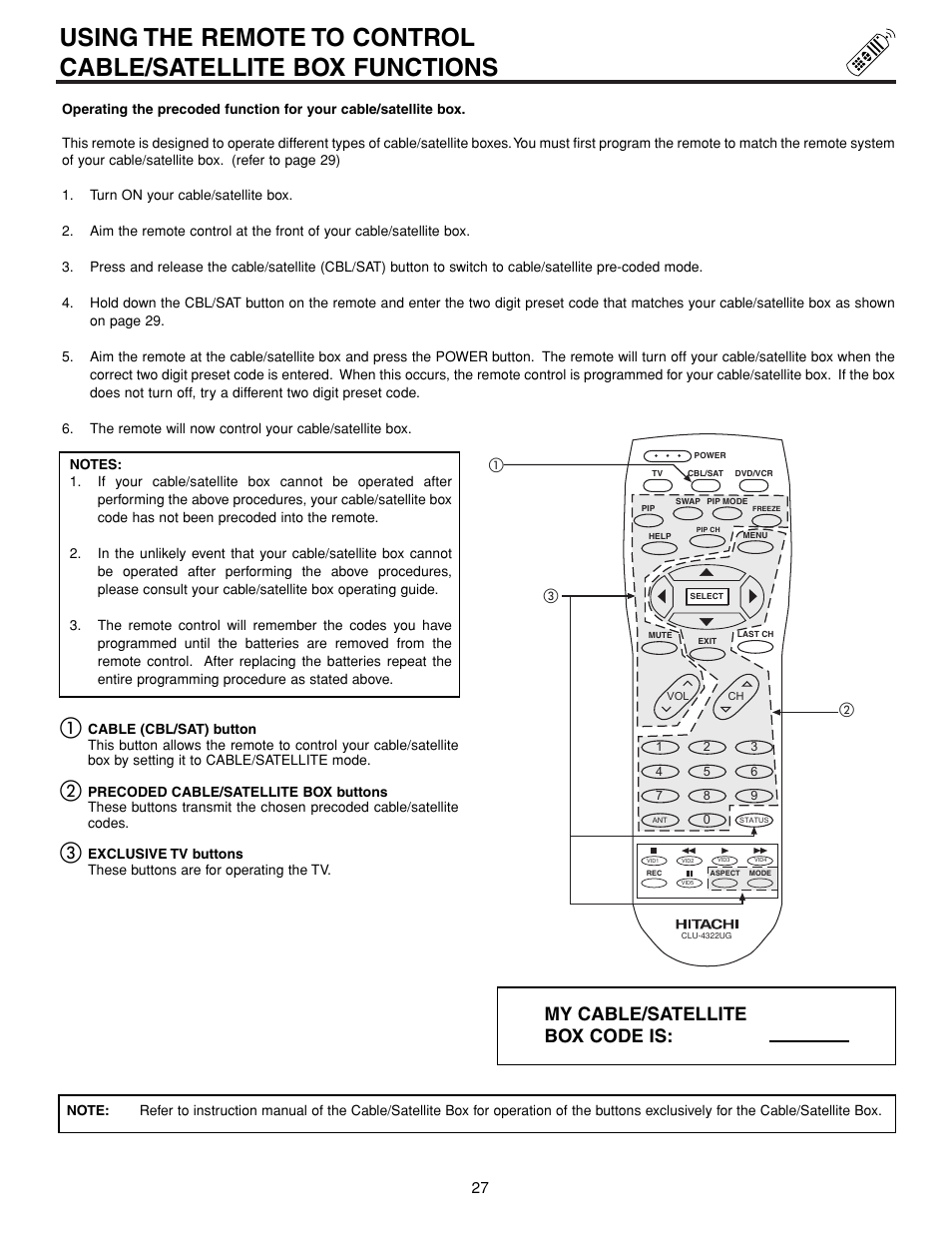 My cable/satellite box code is | Hitachi 43FDX15B User Manual | Page 27 / 68