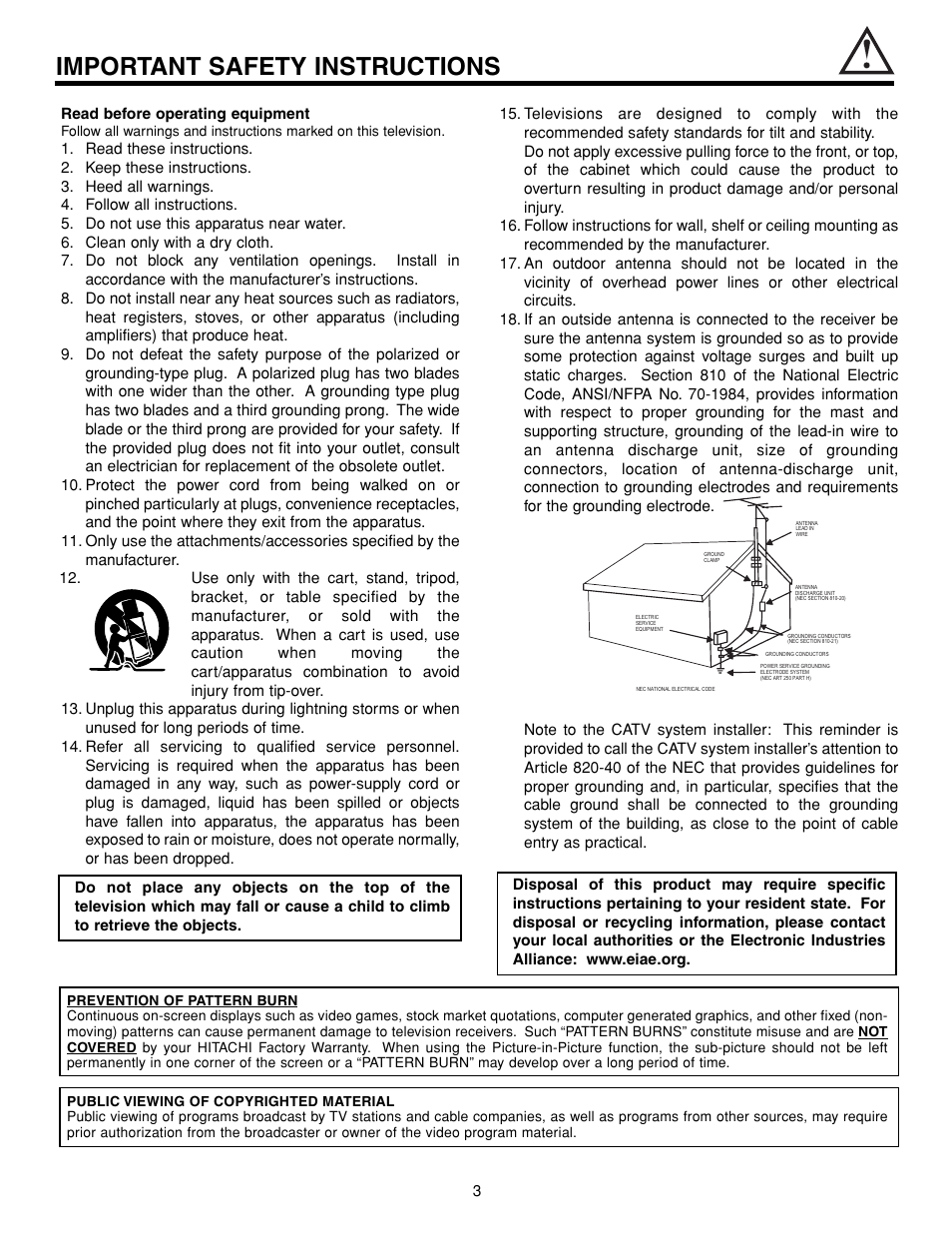 Important safety instructions | Hitachi 43FDX15B User Manual | Page 3 / 68
