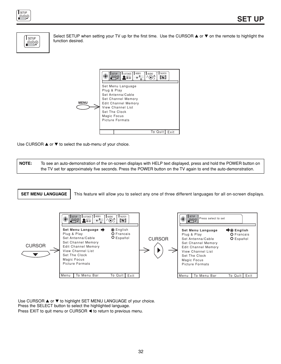 Set up, Cursor | Hitachi 43FDX15B User Manual | Page 32 / 68