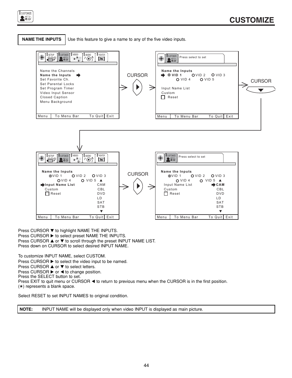 Customize, Cursor | Hitachi 43FDX15B User Manual | Page 44 / 68