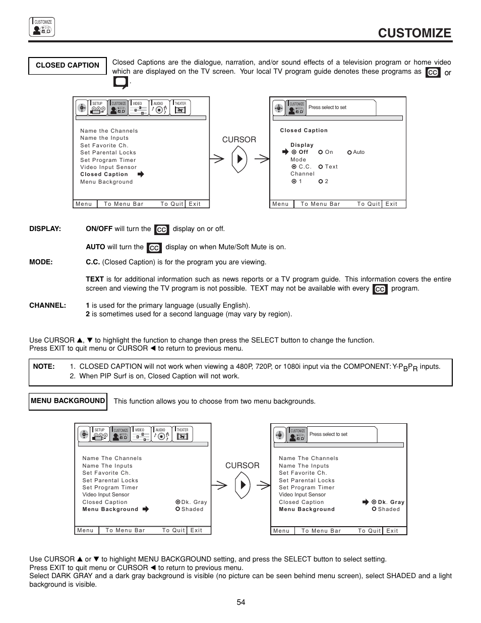 Customize, Cursor | Hitachi 43FDX15B User Manual | Page 54 / 68