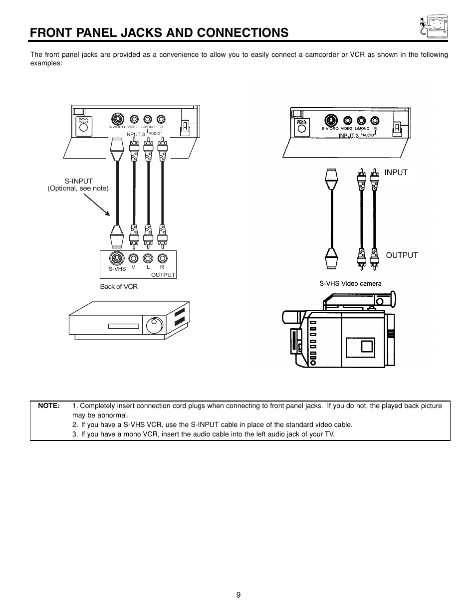 Front panel jacks and connections | Hitachi 43FDX15B User Manual | Page 9 / 68