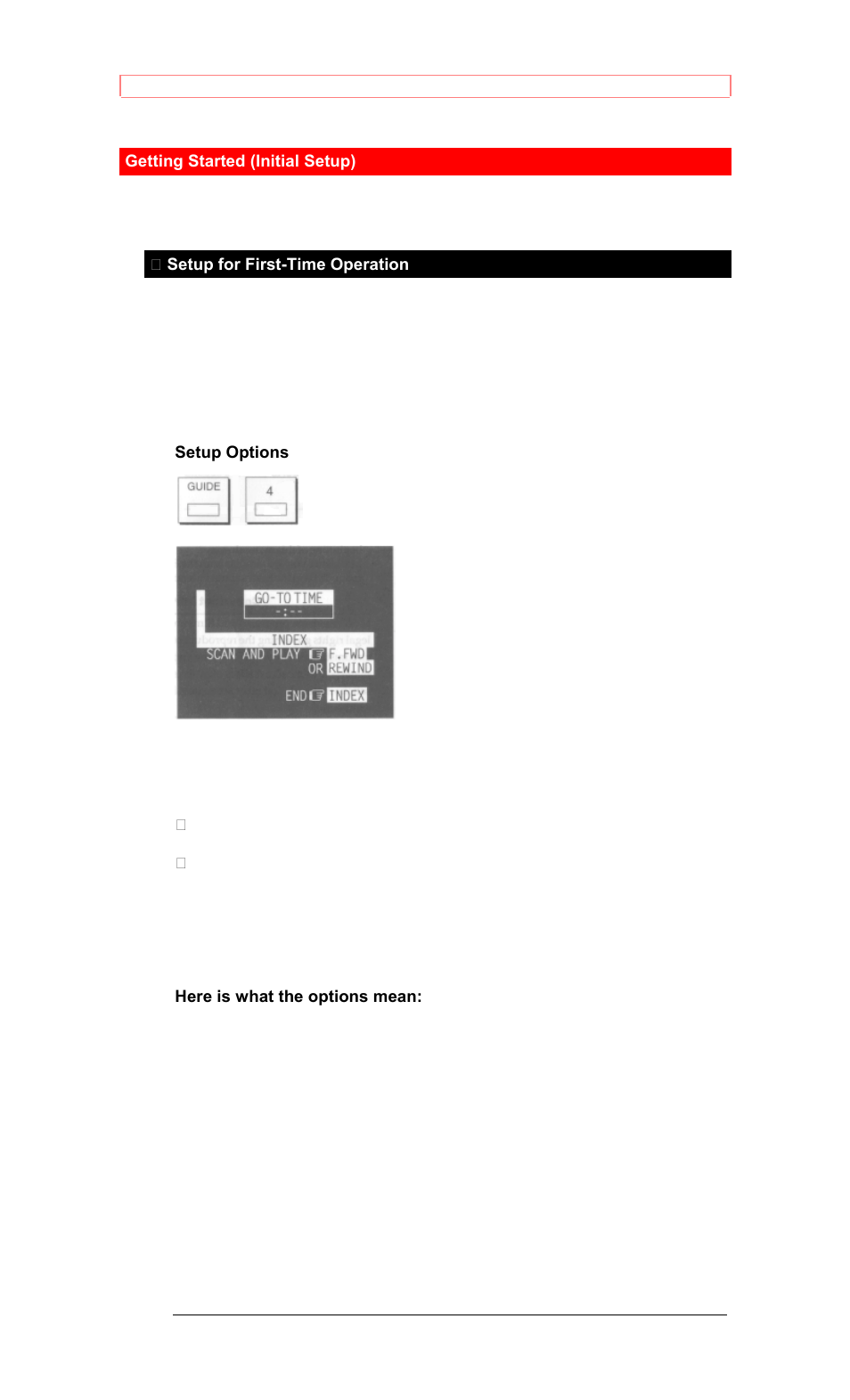 Getting started (initial setup), Setup for first-time operation, Setup options | Hitachi VT-M281A User Manual | Page 18 / 44