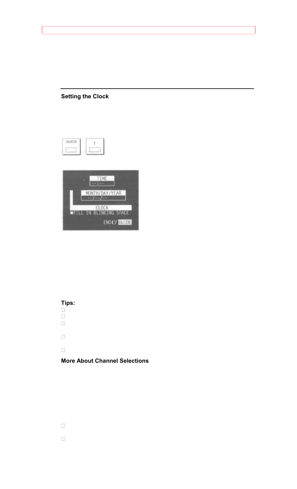 Setting the clock more about channel selections | Hitachi VT-M281A User Manual | Page 19 / 44