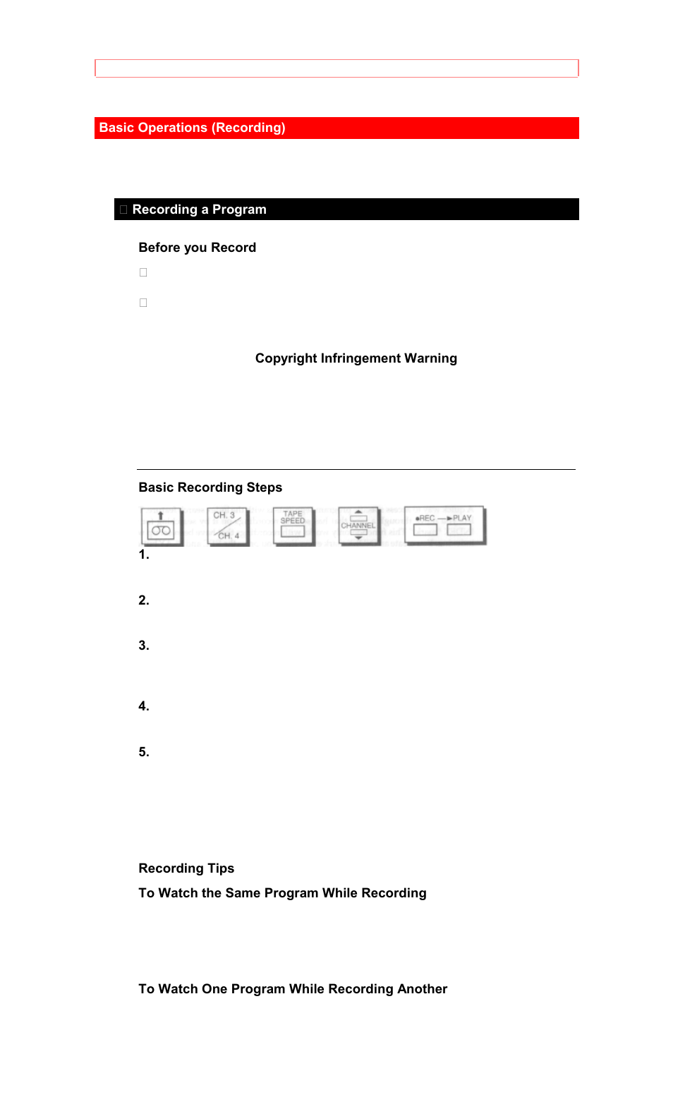 Basic operations (recording), Recording a program | Hitachi VT-M281A User Manual | Page 27 / 44