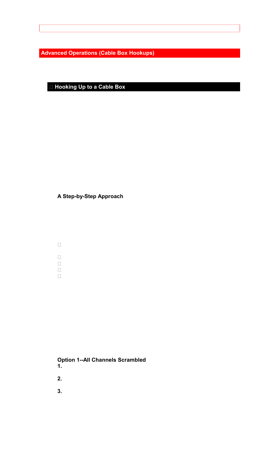 Advanced operations (cable box hookups), Hooking up to a cable box, A step-by-step approach | Hitachi VT-M281A User Manual | Page 34 / 44