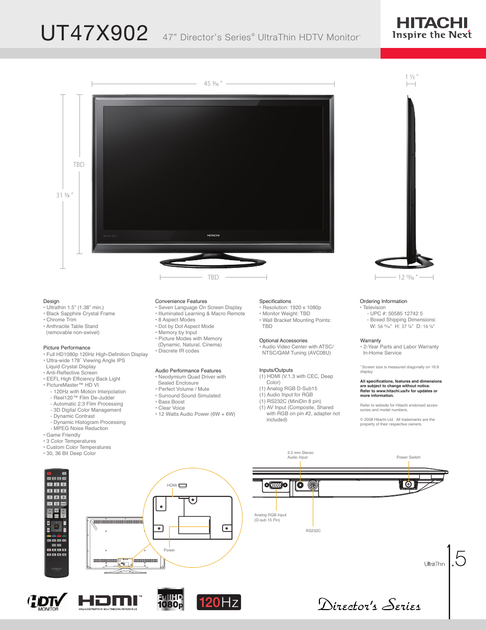 Hitachi UT47X902 User Manual | 1 page