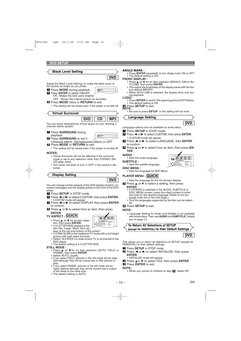 Quick, Mp3 cd dvd | Hitachi DVP745U User Manual | Page 15 / 24