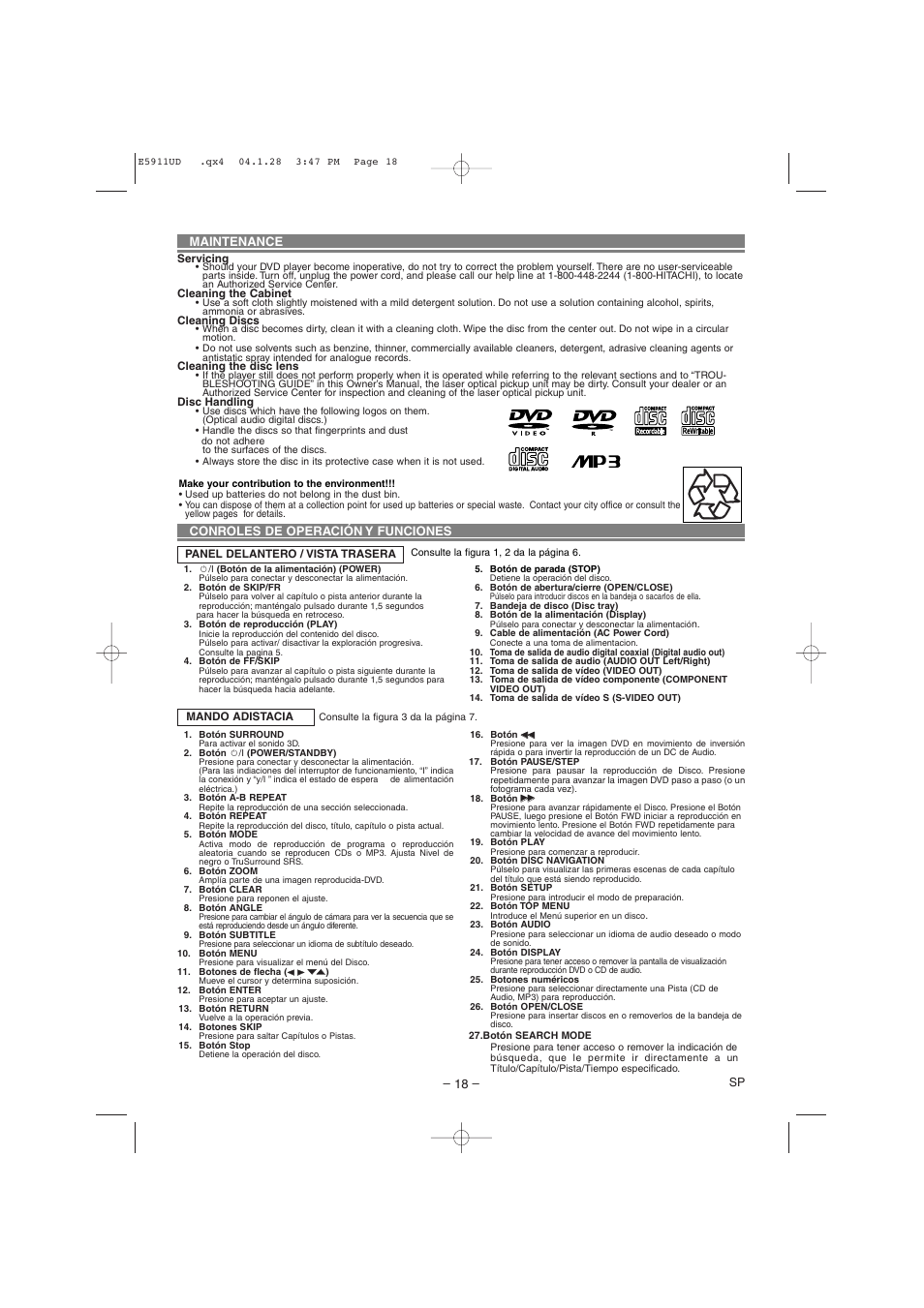 Conroles de operación y funciones, Maintenance | Hitachi DVP745U User Manual | Page 18 / 24