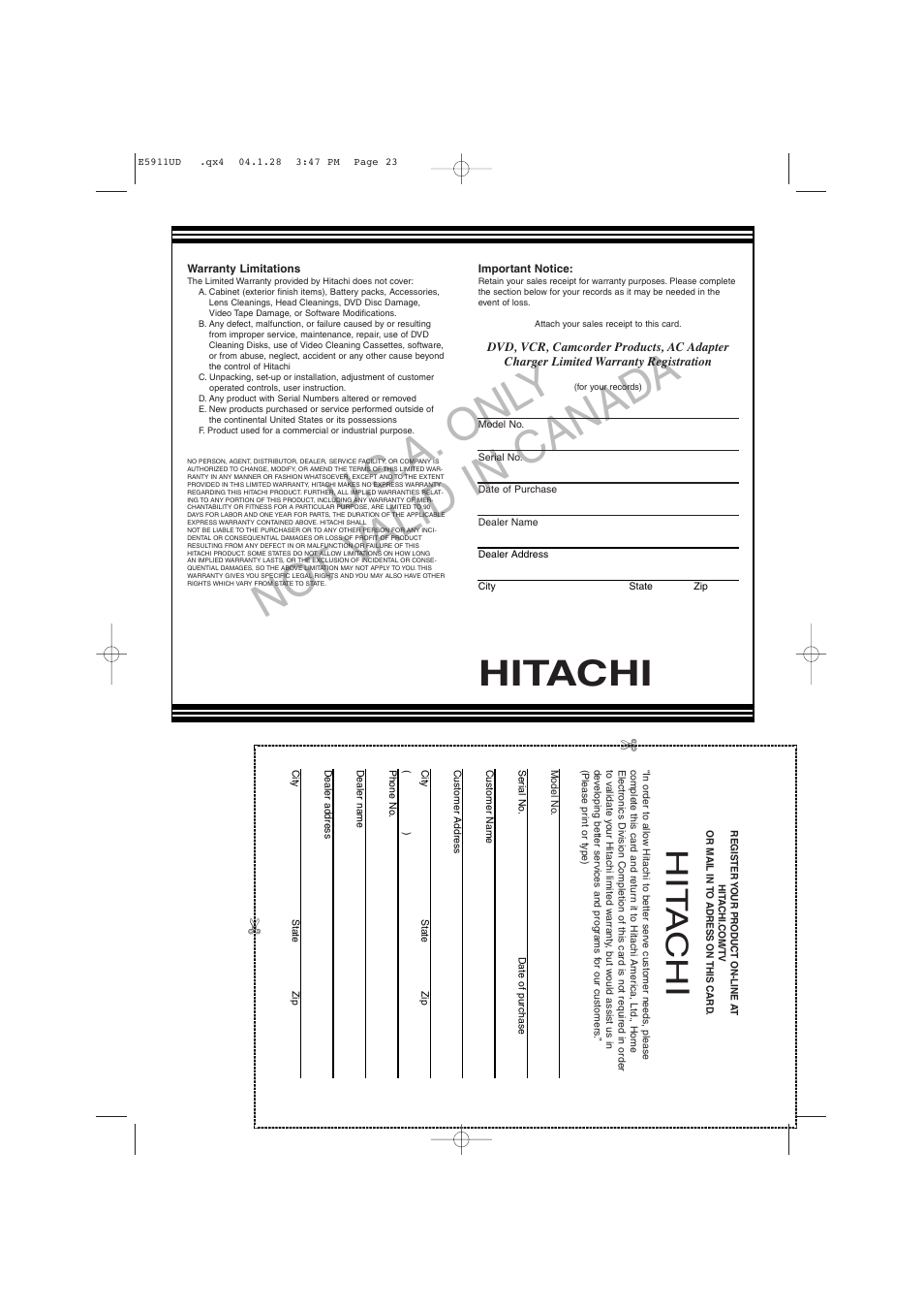 U. s.a. onl y no t v alid in canad a, Hitachi, Hit a c h | Hitachi DVP745U User Manual | Page 23 / 24