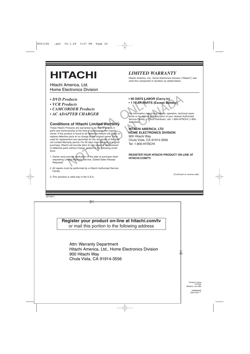 U. s.a. onl y no t v alid in canad a, Hitachi | Hitachi DVP745U User Manual | Page 24 / 24