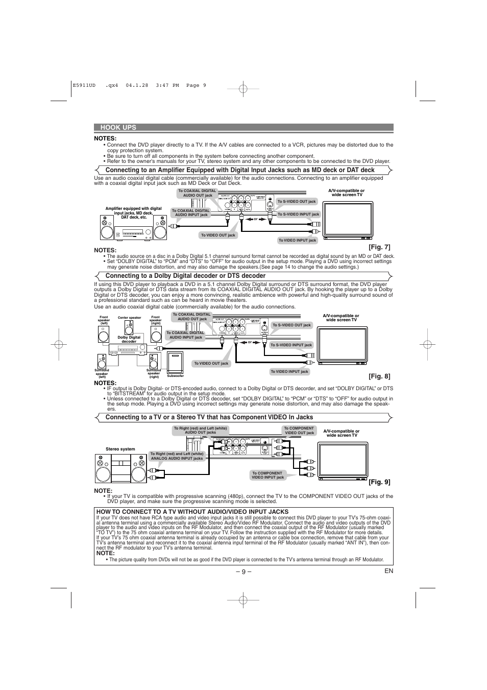 Hook ups, Fig. 7, Fig. 9 | Fig. 8 | Hitachi DVP745U User Manual | Page 9 / 24