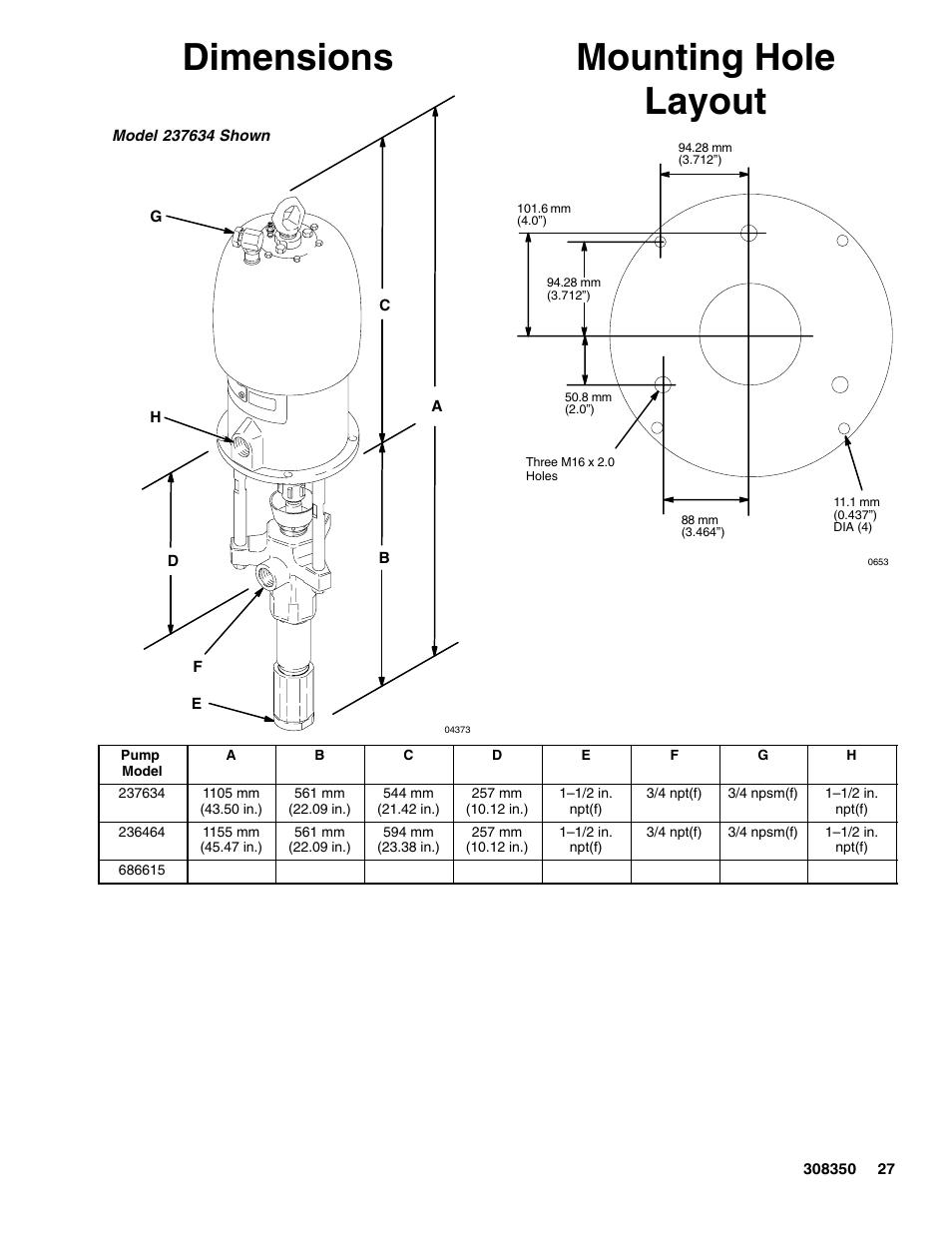 Dimensions, Mounting hole layout | Hitachi 236464 User Manual | Page 27 / 28