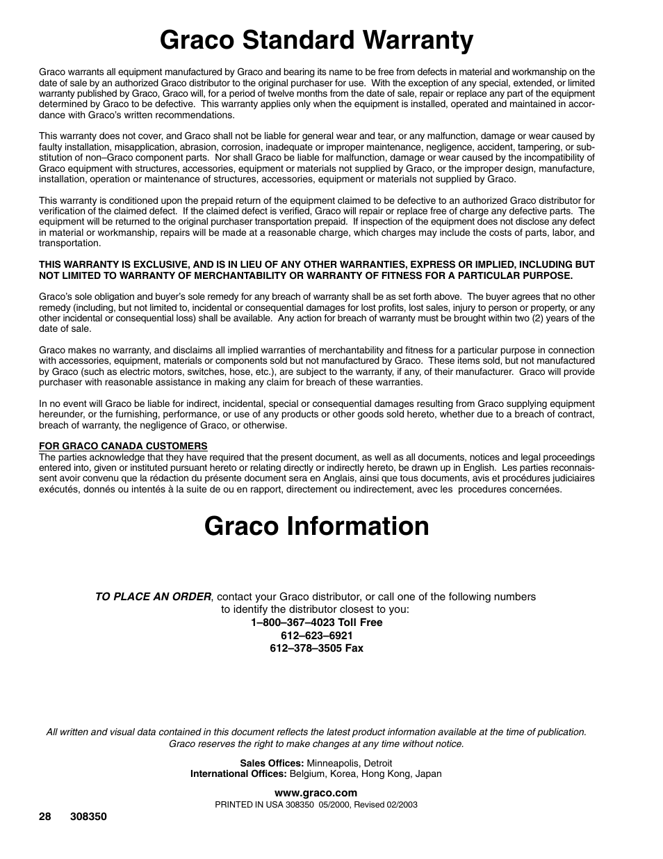 Graco standard warranty, Graco information | Hitachi 236464 User Manual | Page 28 / 28