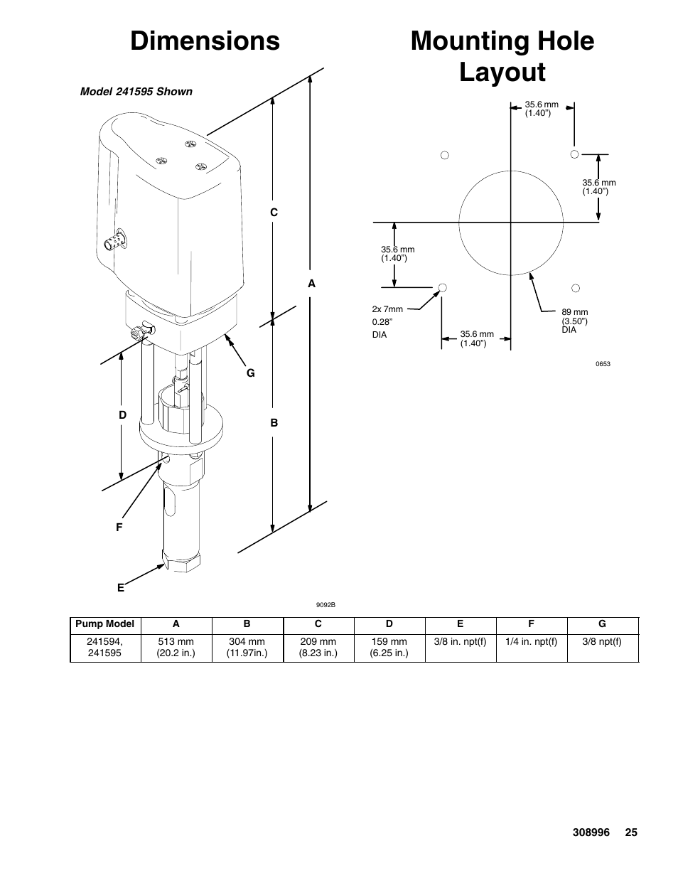 Dimensions, Mounting hole layout | Hitachi 308996J User Manual | Page 25 / 26