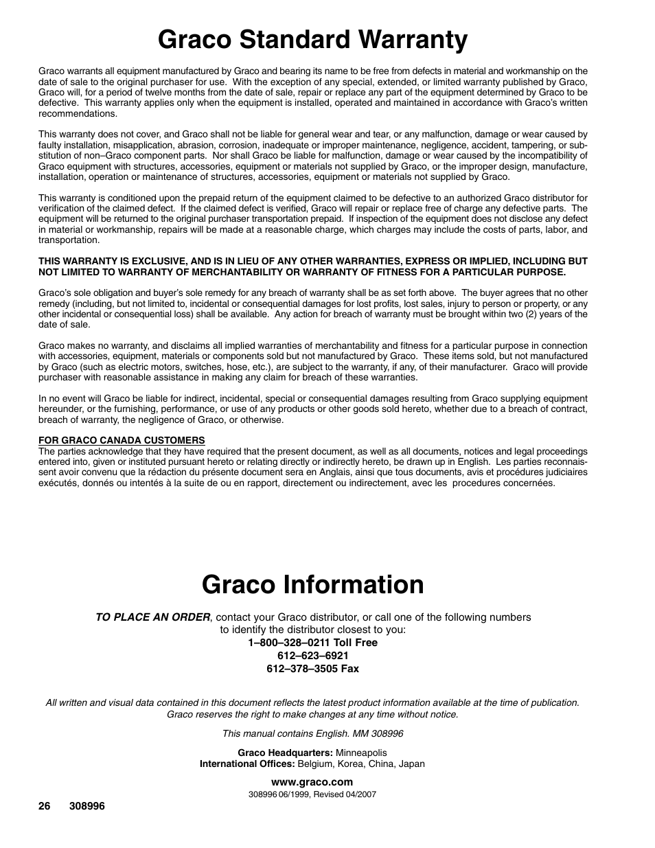 Graco standard warranty, Graco information | Hitachi 308996J User Manual | Page 26 / 26