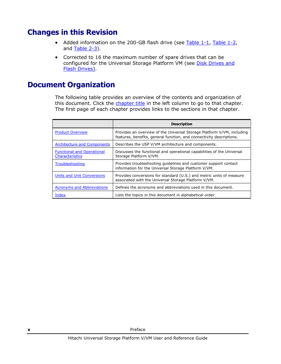 Changes in this revision, Document organization | Hitachi Universal Storage Platform VM User Manual | Page 10 / 102