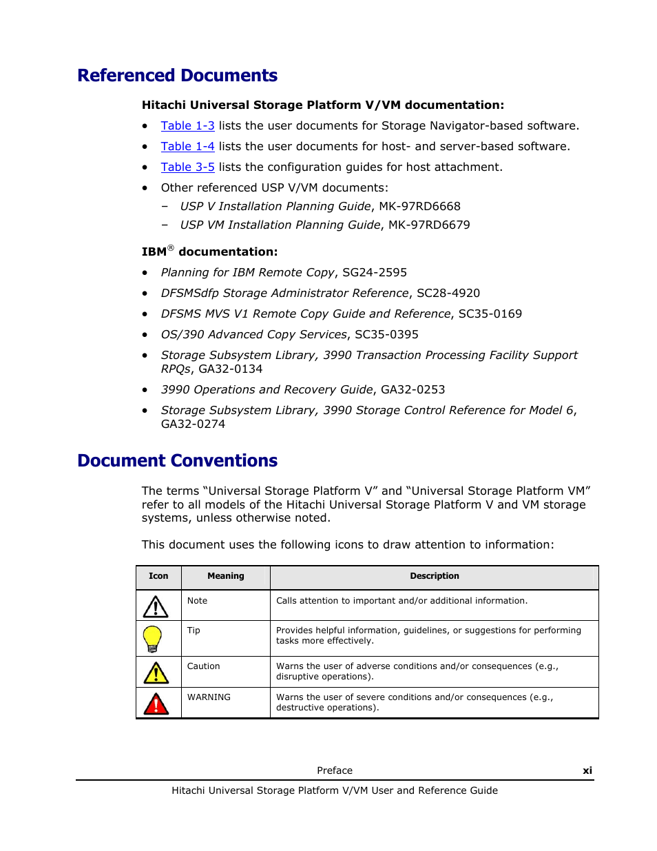 Referenced documents, Document conventions | Hitachi Universal Storage Platform VM User Manual | Page 11 / 102