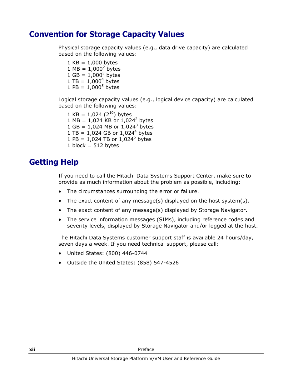 Convention for storage capacity values, Getting help | Hitachi Universal Storage Platform VM User Manual | Page 12 / 102