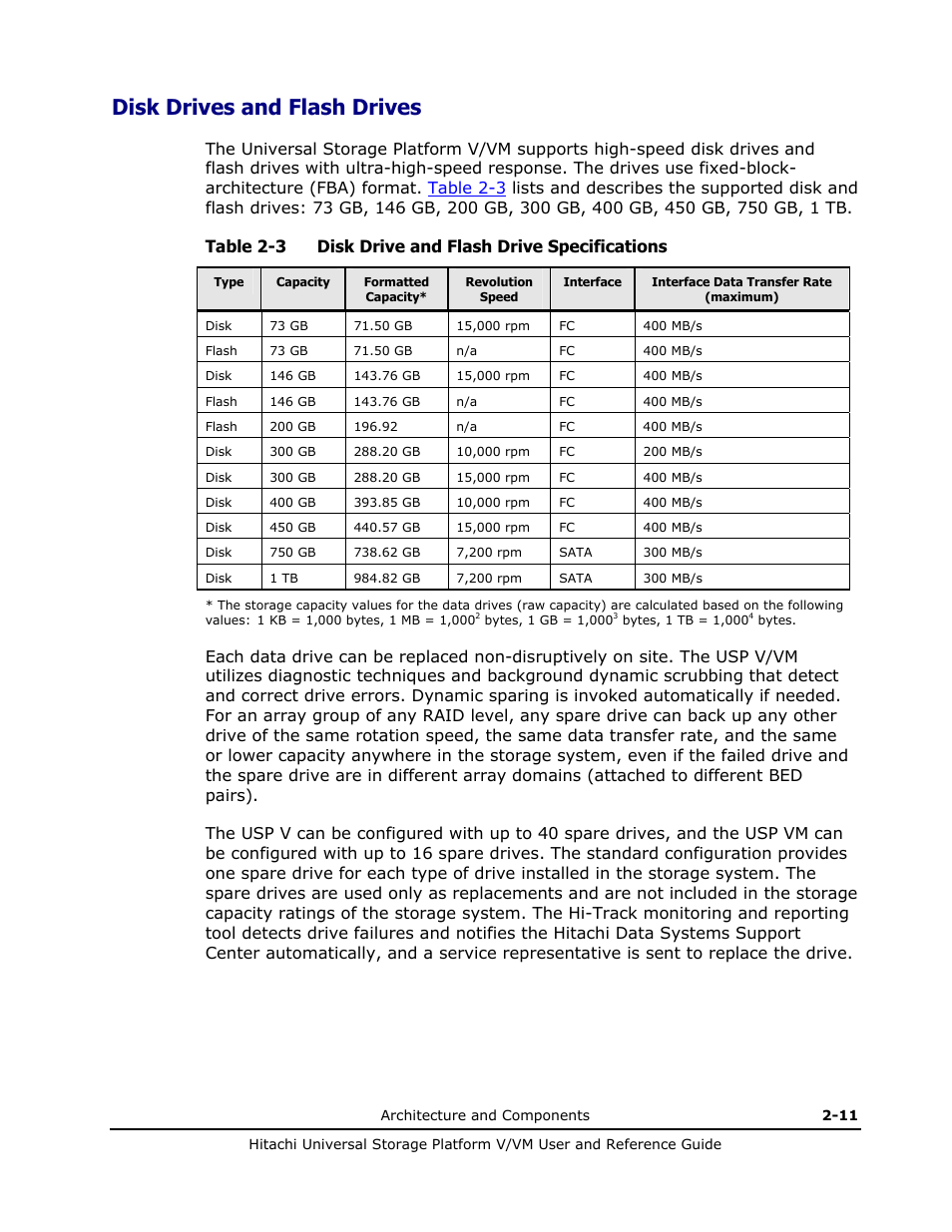 Disk drives and flash drives, Disk drives and flash drives -11, Table 2-3 | Universal storage platform vm (see, Disk drives and, Flash drives) | Hitachi Universal Storage Platform VM User Manual | Page 37 / 102