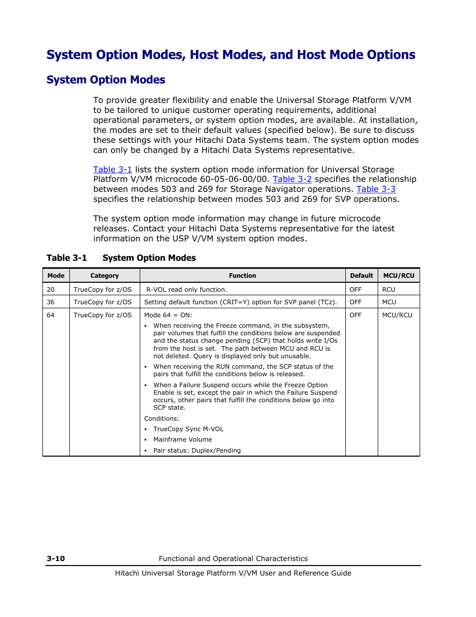 System option modes, System option modes -10, Table 3-1 system option modes | Hitachi Universal Storage Platform VM User Manual | Page 54 / 102