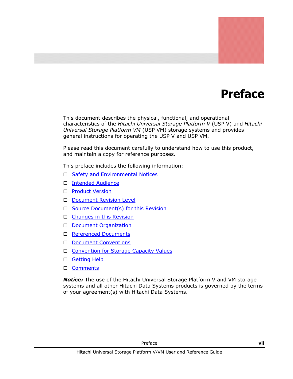 Preface | Hitachi Universal Storage Platform VM User Manual | Page 7 / 102