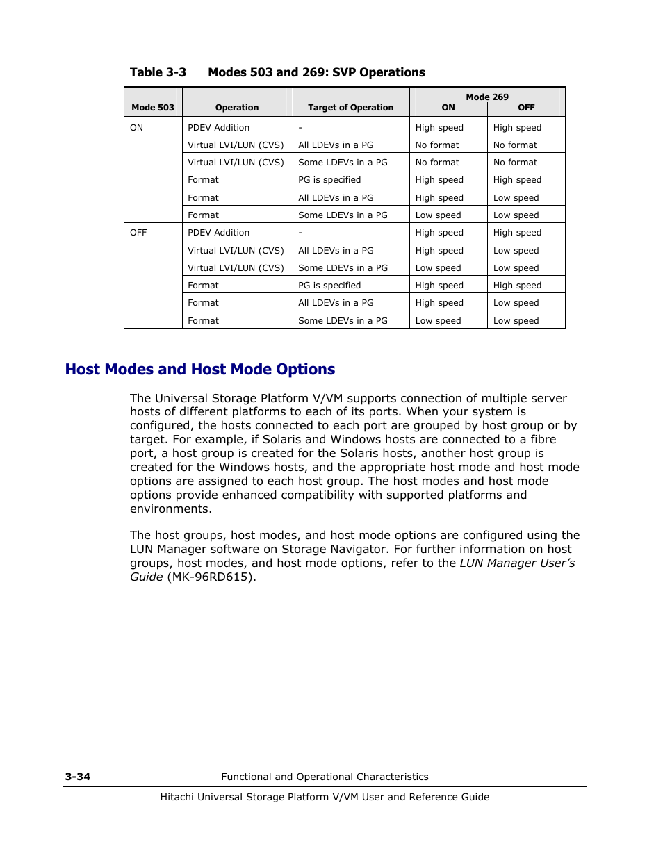 Host modes and host mode options, Host modes and host mode options -34, Table 3-3 | Hitachi Universal Storage Platform VM User Manual | Page 78 / 102