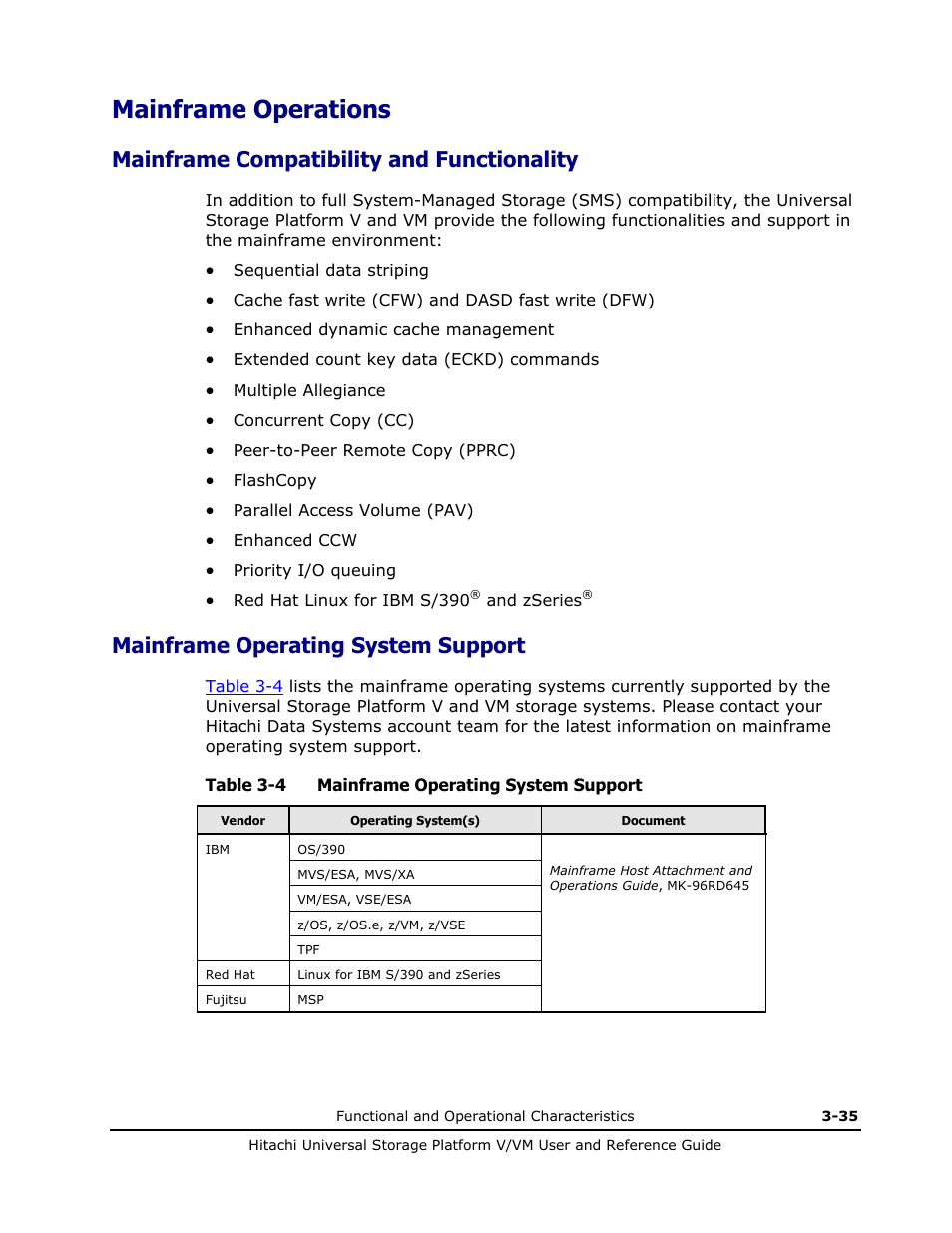 Mainframe operations, Mainframe compatibility and functionality, Mainframe operating system support | Mainframe operations -35, Mainframe compatibility and functionality -35, Mainframe operating system support -35 | Hitachi Universal Storage Platform VM User Manual | Page 79 / 102