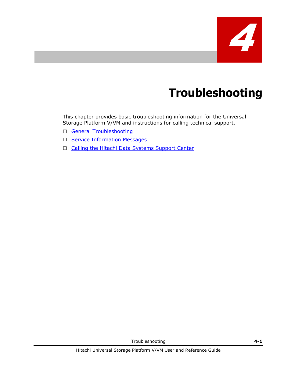 Troubleshooting, Troubleshooting -1 | Hitachi Universal Storage Platform VM User Manual | Page 87 / 102