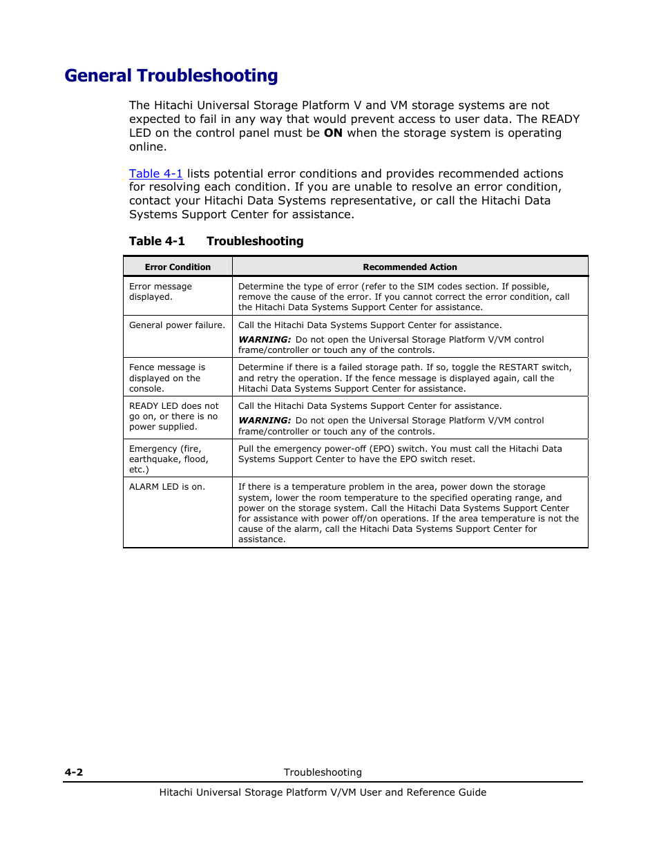 General troubleshooting, General troubleshooting -2, Table 4-1 troubleshooting | Hitachi Universal Storage Platform VM User Manual | Page 88 / 102