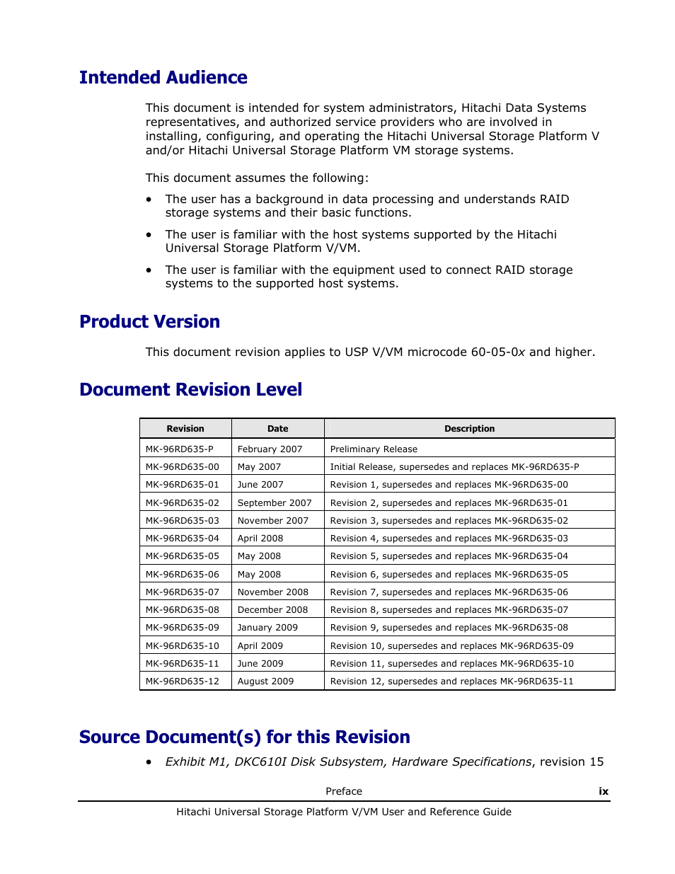 Intended audience, Product version, Document revision level | Source document(s) for this revision | Hitachi Universal Storage Platform VM User Manual | Page 9 / 102