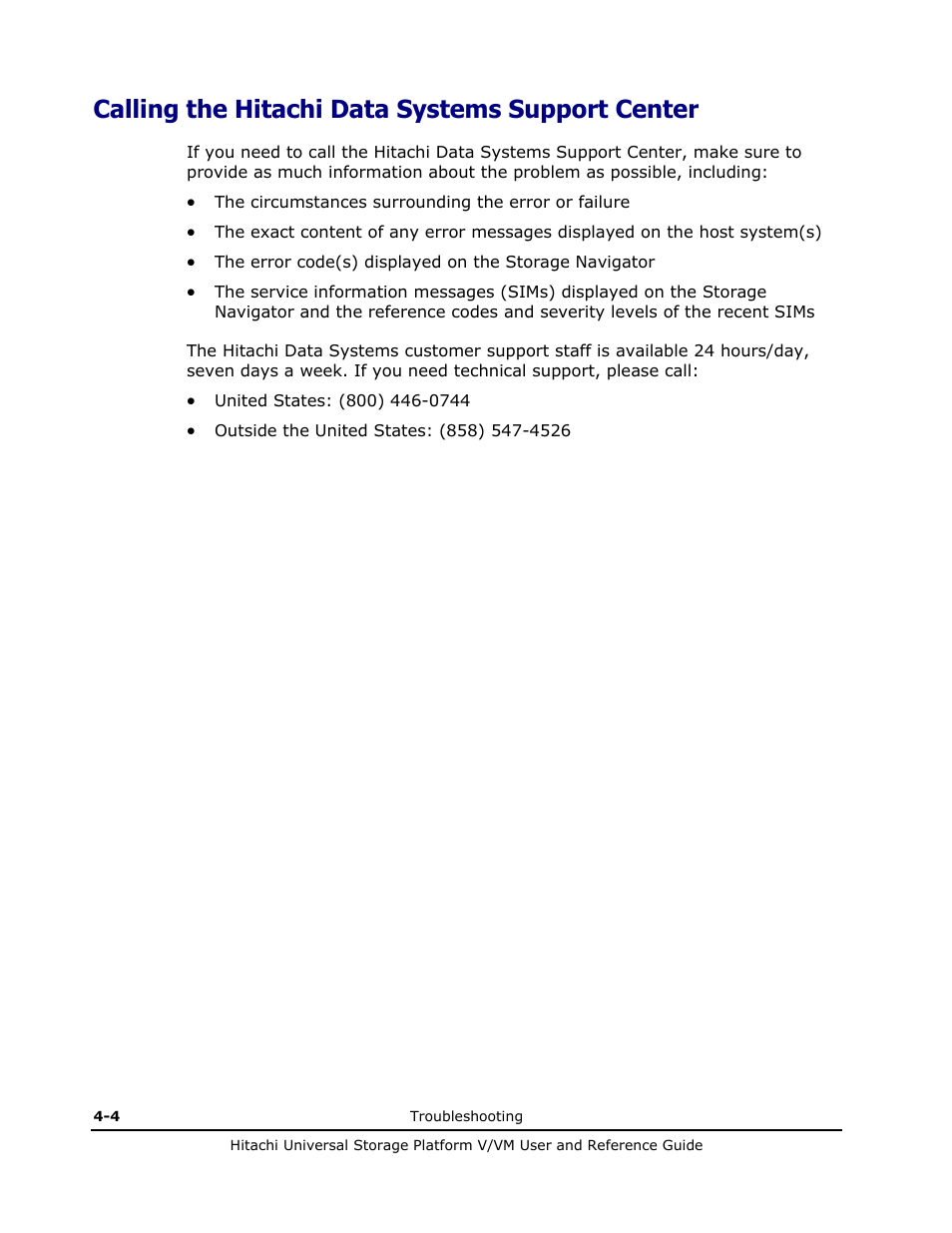 Calling the hitachi data systems support center, Calling the hitachi data systems support center -4 | Hitachi Universal Storage Platform VM User Manual | Page 90 / 102