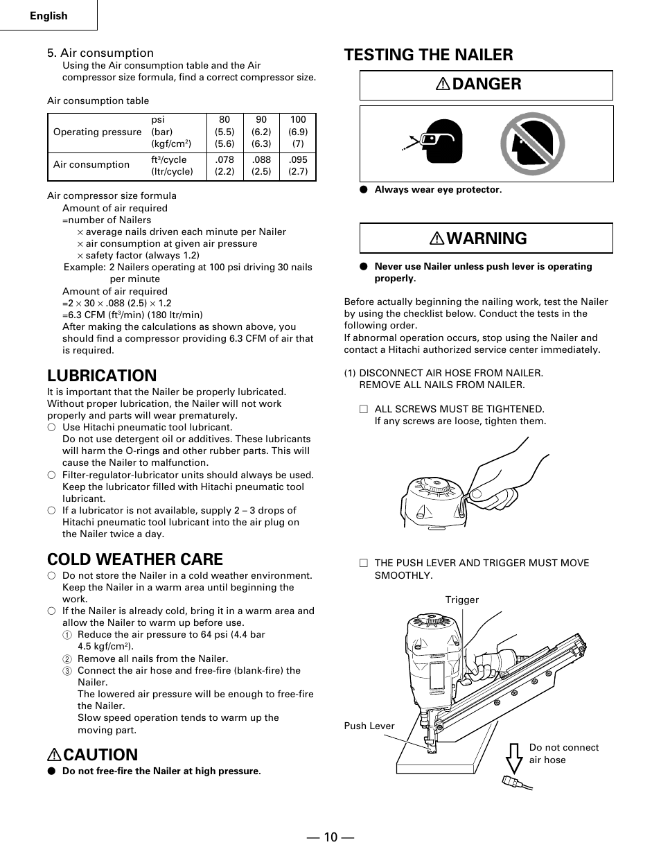 Testing the nailer danger, Warning, Lubrication | Cold weather care, Caution | Hitachi NR90AA User Manual | Page 10 / 48
