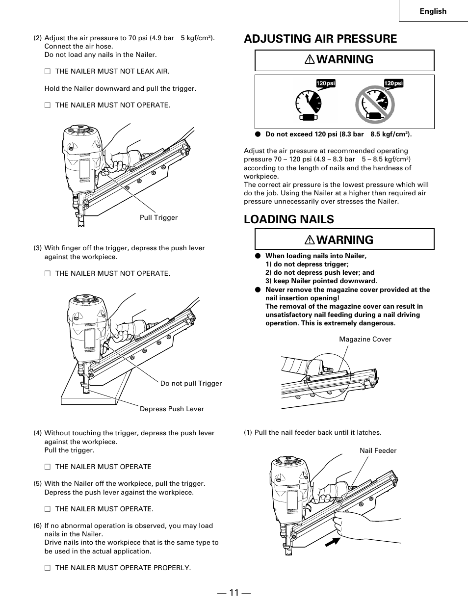 Adjusting air pressure warning, Loading nails warning | Hitachi NR90AA User Manual | Page 11 / 48