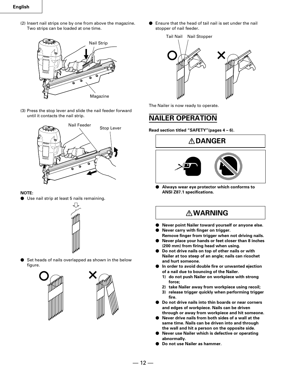 Nailer operation, Danger, Warning | Hitachi NR90AA User Manual | Page 12 / 48