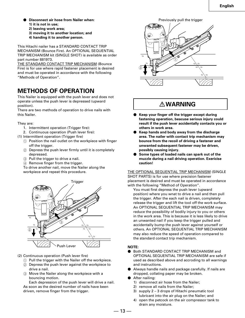 Methods of operation, Warning | Hitachi NR90AA User Manual | Page 13 / 48