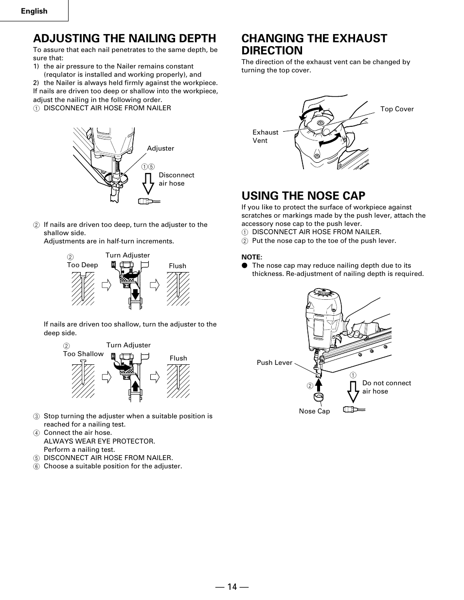 Adjusting the nailing depth, Changing the exhaust direction, Using the nose cap | Hitachi NR90AA User Manual | Page 14 / 48